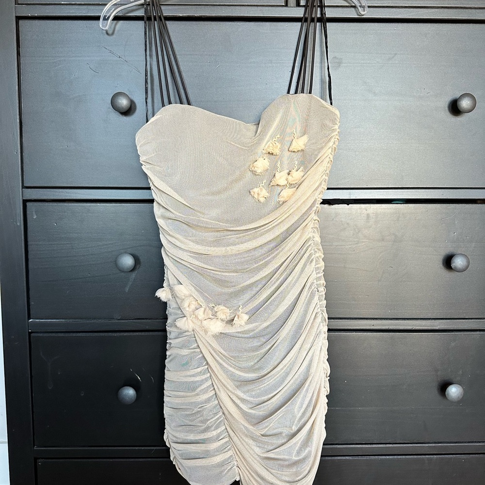 Zara Floral Tulle Cream Ruched Dress